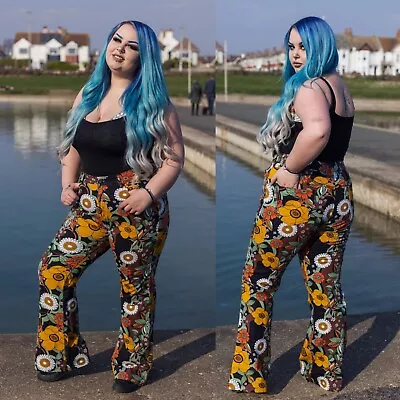 RUN AND FLY 70's Black Floral High Waisted Bell Bottom Flares Jeans/Trousers • £30