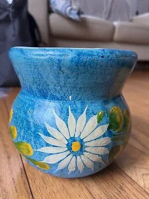 Mexican Folk Art Pottery Planter Hand Painted Orange White Blue Flower Heavy • $26.99