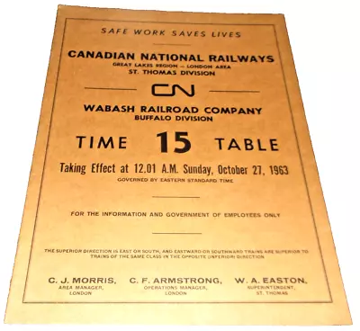 October 1963 Wabash Railroad Company Buffalo Division Cn Employee Timetable #15 • $30