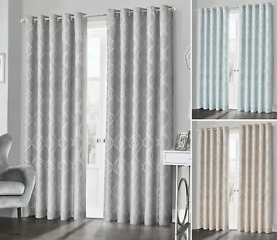 Fully Lined Jacquard Waves Ready Made Ring Top Curtain Pair Eyelet Curtains • £18.95