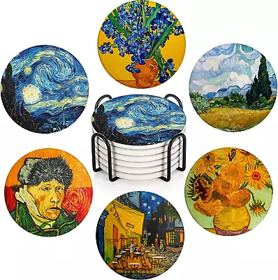 Coaster For Drinks Set Of 6 Painting Cafe House Colorful Absorbent Round Cerami • $24.99