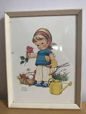 Vintage Framed Mabel Lucie Atwell Print Girl Cutting Garden Flowers 22cm X 17cm • £9.95