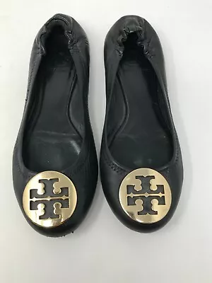 WORN Tory Burch Luxury Black Leather Gold Reva Logo Ballet Flats Sz ~ 6 AS IS • $26.10