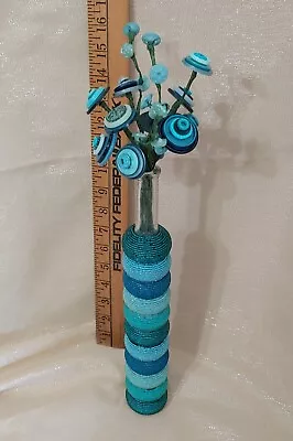 Vintage Button Bouquet In Hand-beaded Bubble Bottle.  Turquoise Aqua Blue 17 In • $20