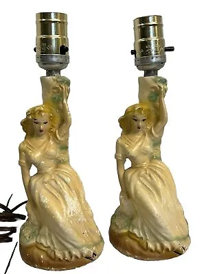 Vintage Chalk Ware Blonde Southern Belle Posing Light Lamps (pair) Yellow 10.5”H • $44.61