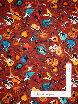 Guitar Music Warm Brown Cotton Fabric QT Good Vibrations 1.6 Yards • $18.50