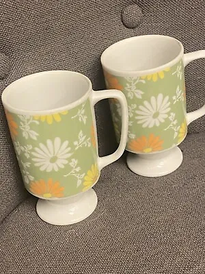 2 Vintage Retro Mod Flower Pedestal Mugs Mid Century Coffee Cup Advacado Green • $25