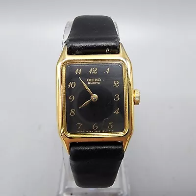 Seiko Watch Women Gold Tone Black Dial 17mm Rectangle V400-5538 New Battery • $22.49