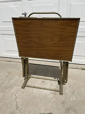 Vintage Mid Century Modern Set Of 4 Faux Wood Metal TV Tray Tables W Stand • $145