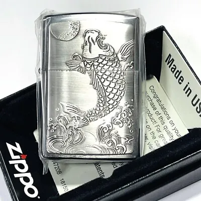 Zippo Lighter Jump Carp Japanese Pattern Etching Silver Regular Case Japan New • £69.23