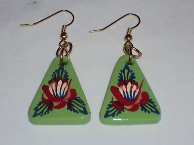 Small Triangular Wooden Earrings Narrow Boat Barge Ware Canal Art Folk Style • £7
