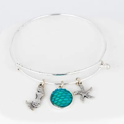 Mermaid Starfish Charm Bracelet Silver Tone Fish Bangle Turquoise Aquatic Ocean • $12.95