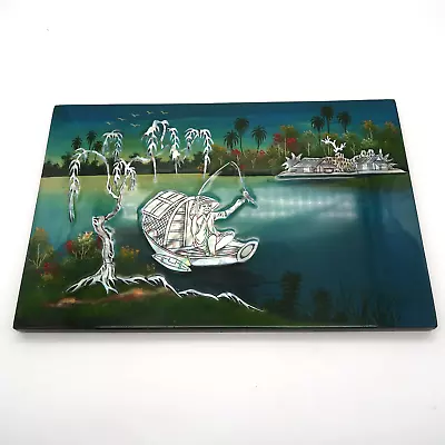 Vintage Fine Vietnamese Lacquer Painting Wood Inlay Mother Of Pearl Fisherman • $49.99