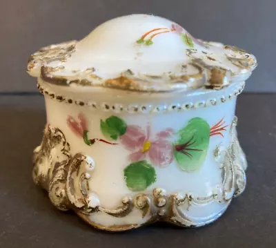 Antique White Opaque Hand Painted  Milk Glass Vanity Dish Trinket Ring Box W/Lid • $20