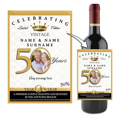 £3 • Buy Personalised Golden 50th Wedding Anniversary Wine Champagne Bottle Label N102
