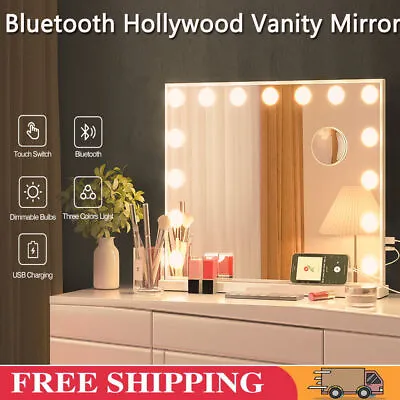 Large Hollywood Mirror Bluetooth Vanity Make Up Mirror With LED Lights Tabletop • £47.90