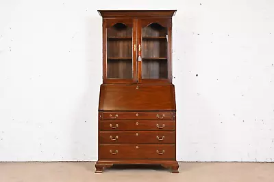 Henkel Harris Georgian Carved Mahogany Drop Front Secretary Desk With Bookcase • $3295