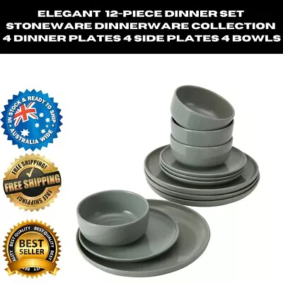 Elegant 12-Piece Dinner Set Stoneware Collection 4 Plates 4 Side Plates 4 Bowls • $47.99