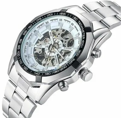£22.99 • Buy Mens Mechanical Automatic Watch Skeleton Stainless Steel Self-winding Wristwatch