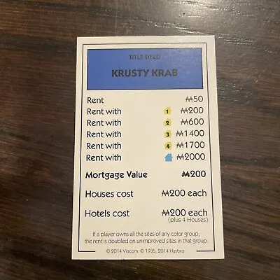 SpongeBob SquarePants Monopoly Replacement Property Deed Card Krusty Krab • $8.88