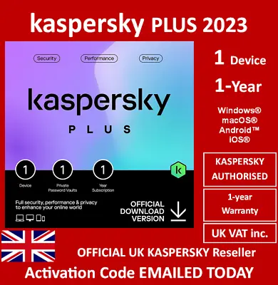 £14.96 • Buy Kaspersky PLUS 2023 1-Device (1 Year) OFFICIAL Key EMAILED TODAY UK VAT Inc