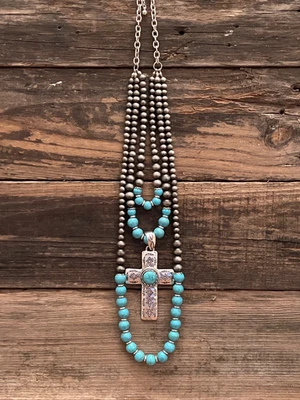 $26 • Buy Layer 3 Cross Western Turquoise Concho Set Necklace Earrings Silver Southwest