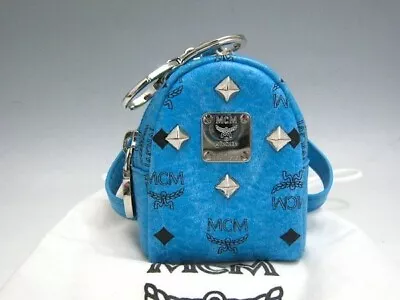 MCM Visetos Keyring Keychain Bag Charm Accessory Blue Logo Backpack Studs Silver • $126