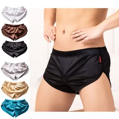 Men's Side Split Satin Boxer Briefs Built-in Bulge Pouch Shorts Pajamas Bottoms • $12.64