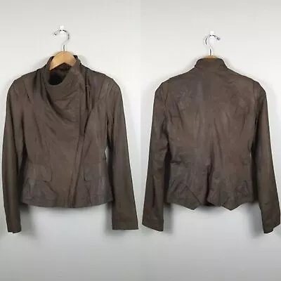 McGinn Brown Leather Distressed Moto Asymmetrical Sheep Skin Crop Jacket Size S • $100