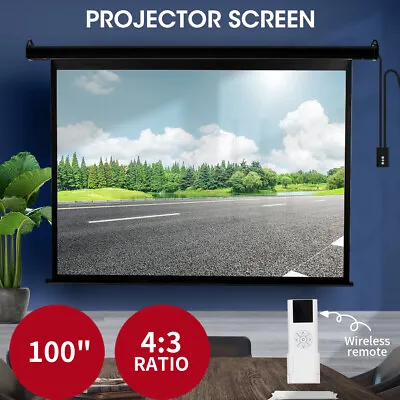 $129.99 • Buy 100  Projector Screen Electric Motorised Projection 3D Home Cinema 4:3 Black