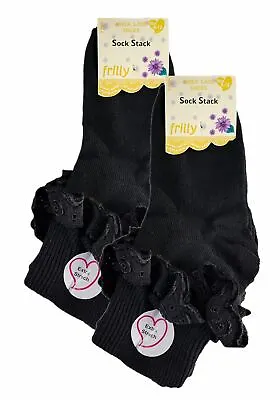 £6.95 • Buy 6 Pairs Of Girls Lace Socks, Children's Frilly Black Ankle School Socks