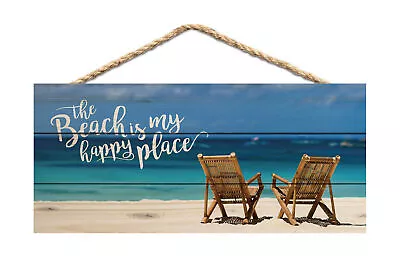 The Beach Is My Happy Place Printed 10 X 4.5 Wood Wall Hanging Plaque Sign • $14.99