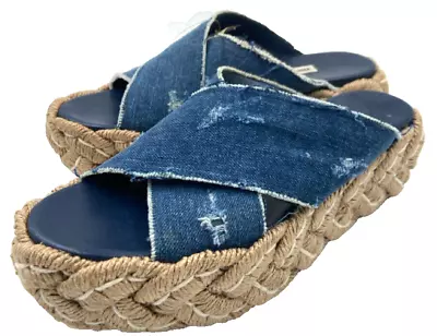 Miu Miu Shoe Size 38 Medium Wash Cotton Denim Braided Platform Slides Sandals • $240