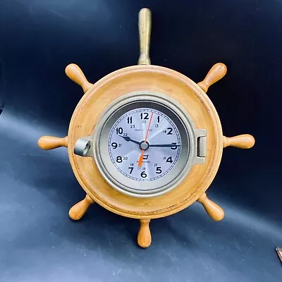 Ship Clock Tiller Wheel Wooden Frame Battery PLASTIMO Ship's Time Brass Housing • £37.47