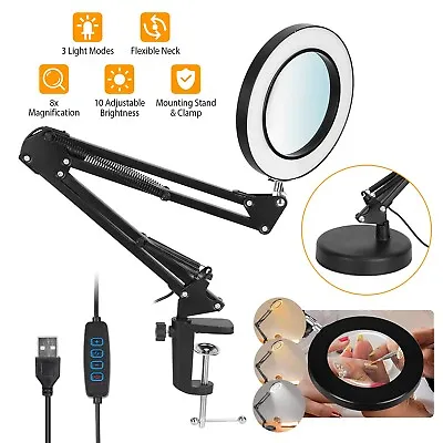 $29.24 • Buy Magnifier LED Lamp 8X Magnifying Glass Desk Top Table Reading Light + Clamp Base