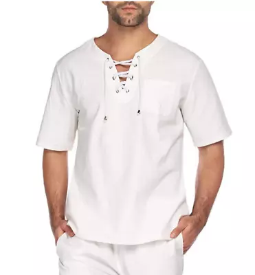 Mens Short Sleeve T-shirt Cotton Linen Casual Loose V Neck Lace Up Tops Tunic UK • £12.99