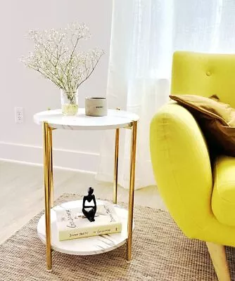 Gold End Table Faux Marble Side Table Small Round Nightstand For Living Room • $53