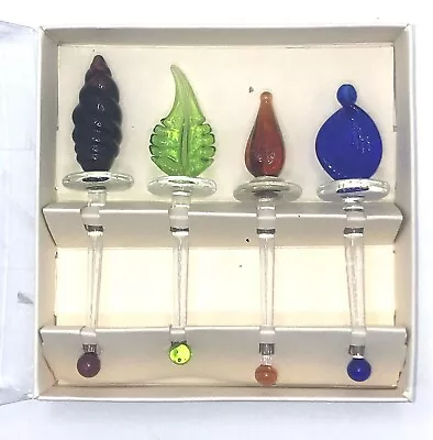 Vintage Blown Glass Swizzle Stick Muddler ~ Set Of 4 ~ Purple Green Amber Cobalt • $9.99
