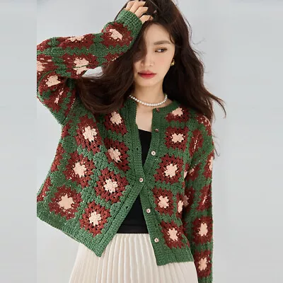 Crochet Retro Lazy Sweater Coat Knit Cardigan Womens Jackets Loose Fit Ethnic • £66.55