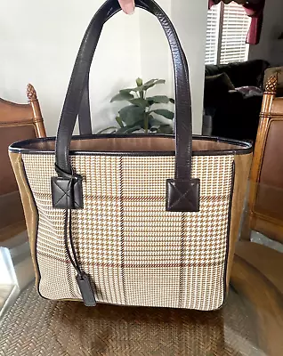 MINT Lauren Ralph Lauren Houndstooth Canvas With Suede Leather Trim Tote Bag • $78