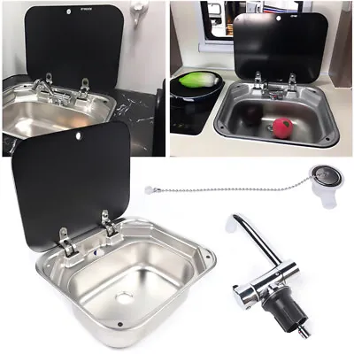 RV Caravan Camper Single Bowl Stainless Steel Kitchen Basin Sink W/ Lid &Faucet • $141.55