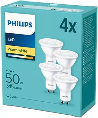 Philips 4.7W=50W LED Energy Saving GU10 Spotlight Bulbs 2700K Warm White - 4Pack • £23.98