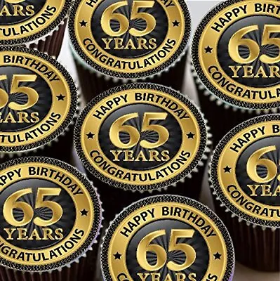 Happy 65th Birthday Round Pre-Cut Edible Cup Cake Topper Decorations • £5.99