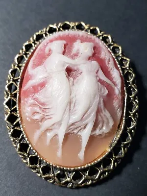 $16.96 • Buy Vintage Cameo Dancing Muses Two Ladies Gold Tone Brooch Pin