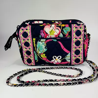 Vera Bradley Small 7  Crossbody Purse Navy Pink Floral Zip Close Chain Strap Bag • $14.95