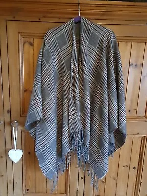 Lovely Shades Of Brown Tartan Large Fringed Shawl Wrap Cape. 56  X 56   • £8.99