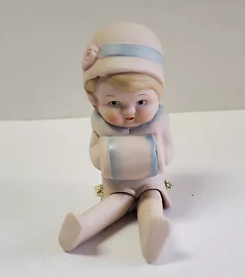 Vtg Shackman Bisque Frozen Charlotte Doll Movable Legs Muff Hat Blonde Figurine • $23.99