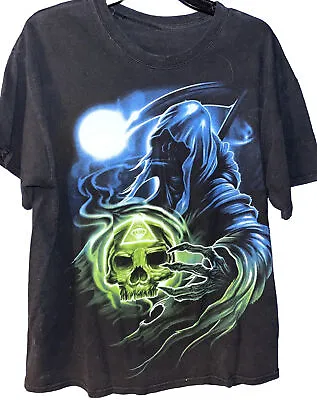 XL Grim Reaper Skull Graphic Tee Shirt Sickle Third Eye Scary Moon Cut Tag • $9.99