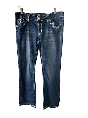 MISS CHIC Boot Cut Embellished Med Wash Blue Denim Jeans Women's Size 15 • $18