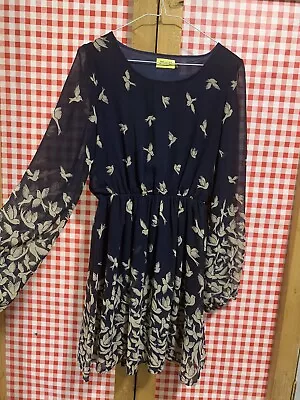 Max C London Navy Blue Bird Dove Dress With Sheer Sleeves Size M • £12.50